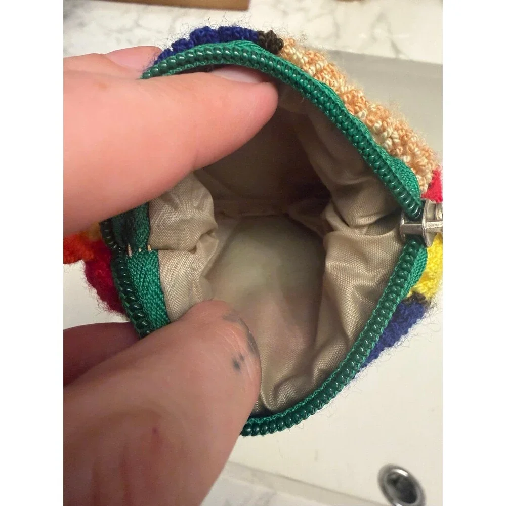 R&R Colorful fluffy handmade Textured knit yarn Coin floral boho Pouch